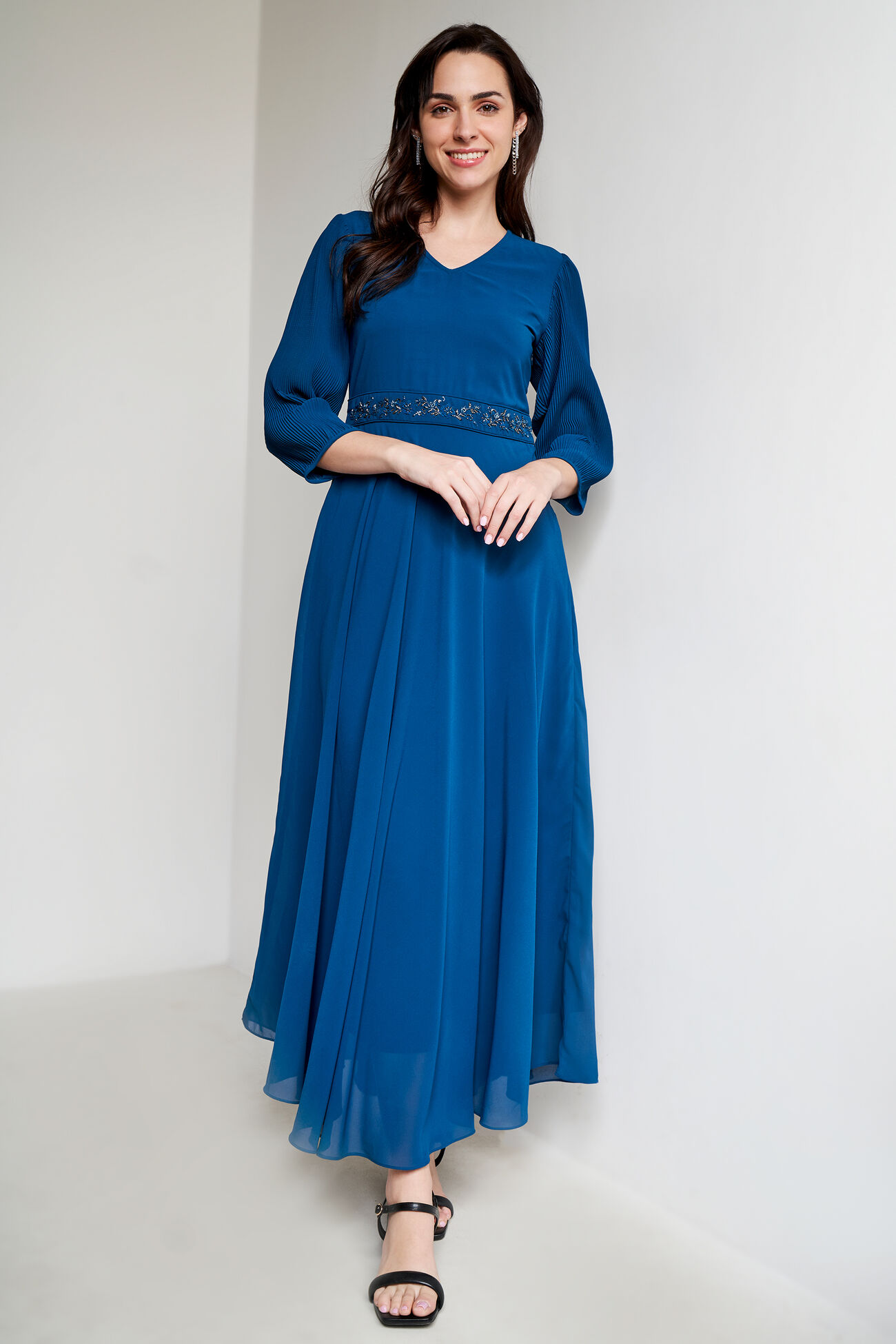 Teal Solid Flared Gown, Teal, image 1